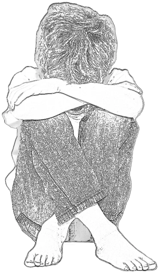 Child sitting with head down and resting in arms.